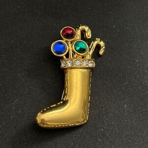 Monet Vintage Christmas Stocking Brooch Gold Tone Red Blue Green Crystal Stones